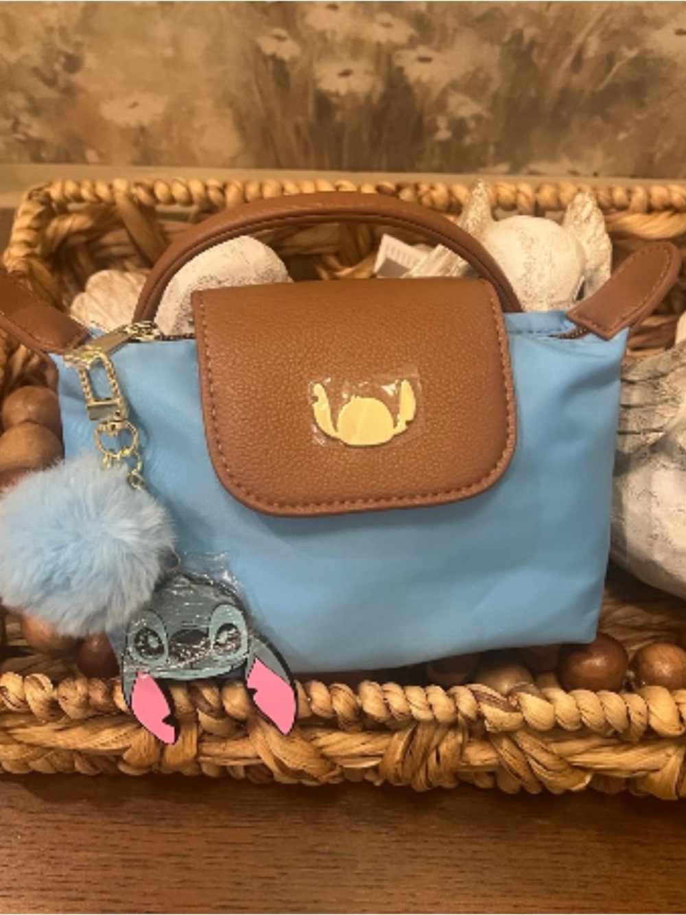 Disney Mini Tote Bag in Light Blue and Brown with Stitch Charm